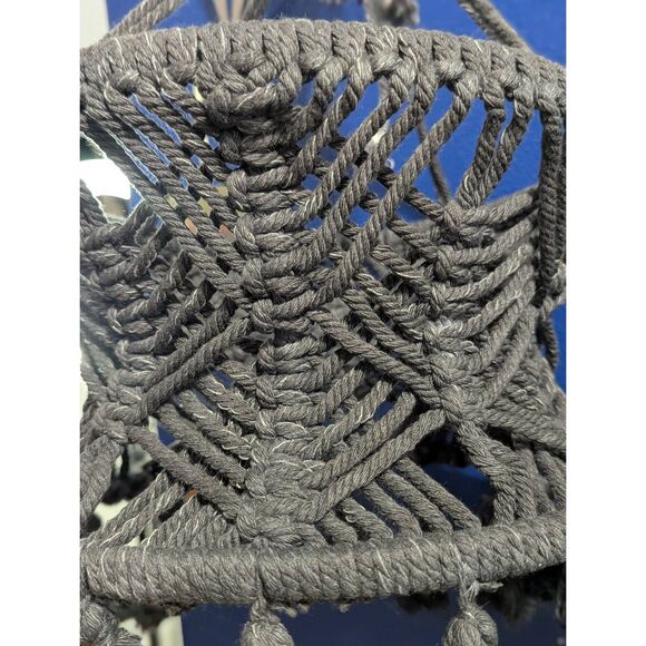 Vintage Boho Macramé Hanging Lamp Shade – Gray Woven Cord, Tassels, 12” – Retro - Picture 10 of 14